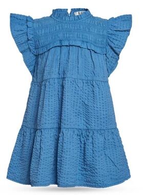 Sea New York Sevyn Pucker Smocked Blue Ruffle Yoke Dress Size 10